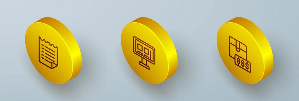 Set Isometric line Wish list template, Online shopping on screen and Item price Stock-Illustration