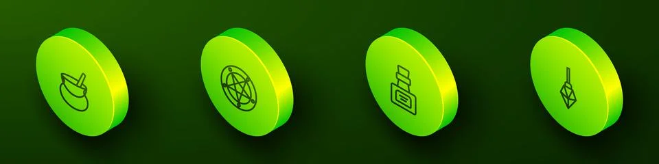 Set Isometric line Witch cauldron, Pentagram in circle, Bottle with potion and Stock Illustration
