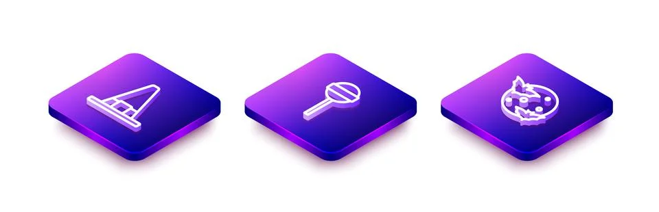 Set Isometric line Witch hat, Lollipop and Moon and stars icon. Vector Stock Illustration