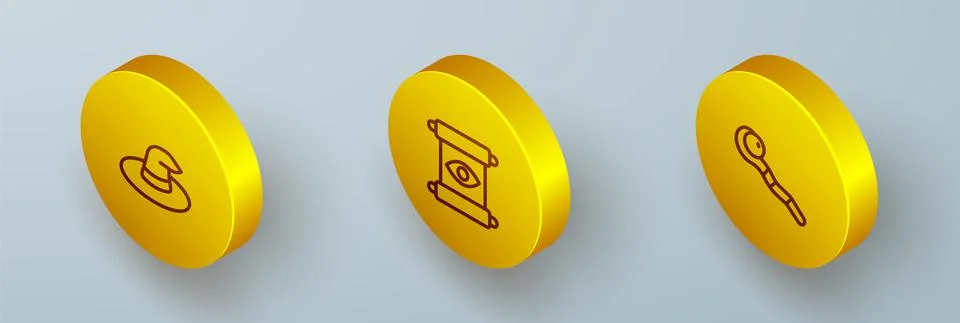 Set Isometric line Witch hat, Magic scroll and staff icon. Vector Illustrazione stock