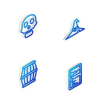 Set Isometric line Witch hat, Skull, Gun powder barrel and Card game collection Stock Illustration