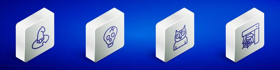 Set Isometric line Witch hat, Skull, Owl bird and Spider web icon. Vector Stock Illustration