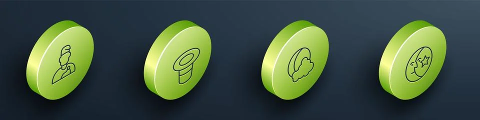 Set Isometric line Wizard warlock, Magic hat, Moon and stars and  icon. Vecto Stock Illustration