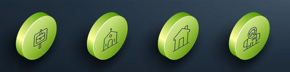 Set Isometric line Work search, Church building, Real estate and Homeless Ilustración de archivo