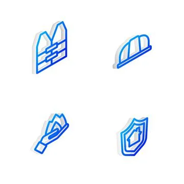 Set Isometric line Worker safety helmet, Life jacket, Hand holding fire and Stock Illustration