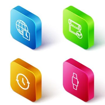 Set Isometric line World time, Calendar with check mark, Clock and Smartwatch Stock Illustration