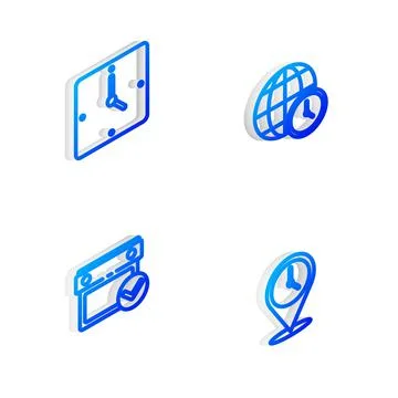 Set Isometric line World time, Clock, Calendar with check mark and Location Illustrazione stock