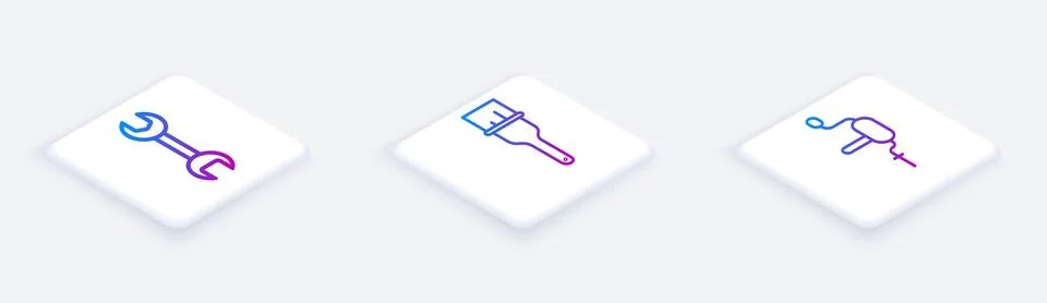 Set Isometric line Wrench spanner, Paint brush and Hand drill. White square.. Stock Illustration