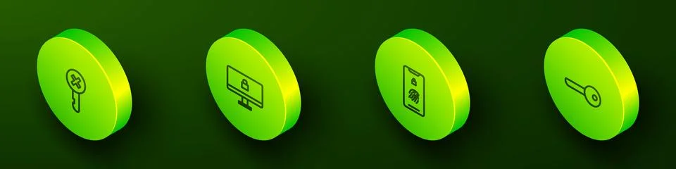 Set Isometric line Wrong key, Lock computer monitor, Mobile with fingerprin.. Stock Illustration