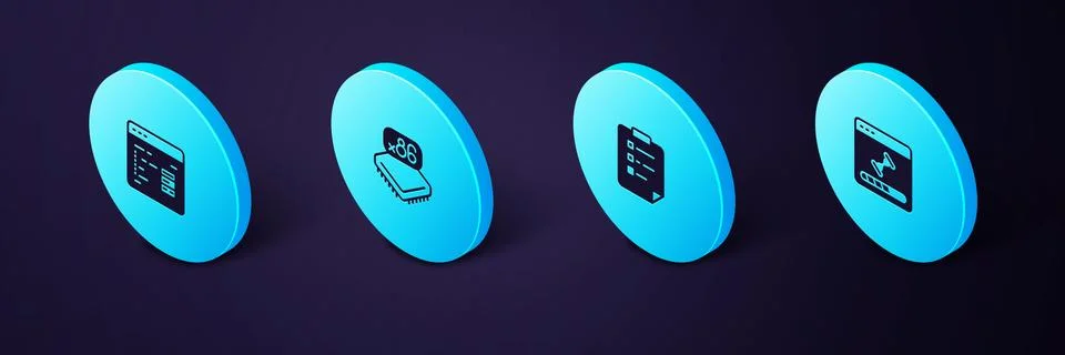 Set Isometric Loading data window, Clipboard with checklist, Processor Illustrazione stock