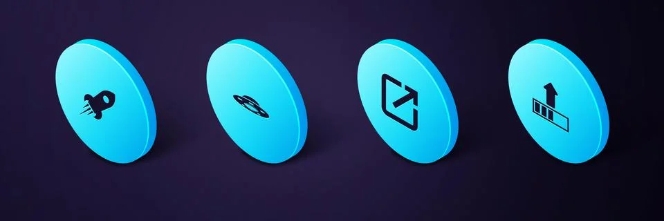 Set Isometric Loading, Open new window, UFO flying spaceship and Rocket with Stock Illustration