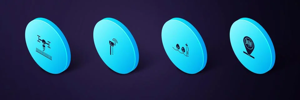 Set Isometric Location and tree, Standalone sensor plant, Router wi-fi signal Stock Illustration