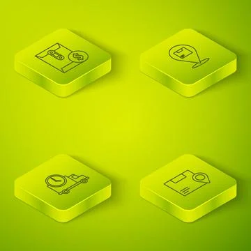 Set Isometric Location with cardboard box, Logistics delivery truck and clock Illustrazione stock