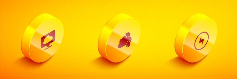 Set Isometric Location cloud, Cloud with rain and sun and Lightning bolt icon Illustrazione stock