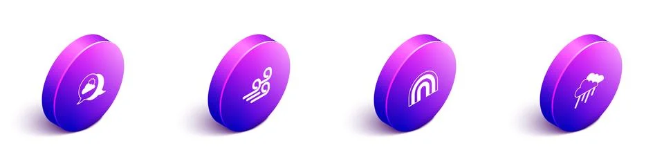 Set Isometric Location cloud, Windy weather, Rainbow and Cloud with rain icon Stock Illustration