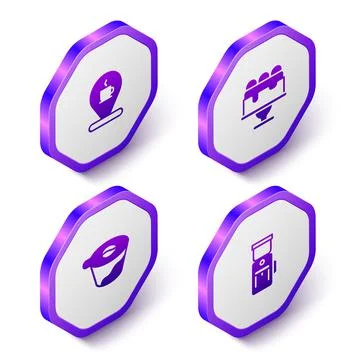 Set Isometric Location with coffee cup, Cake, Pour over maker and Electric gr Stock Illustration
