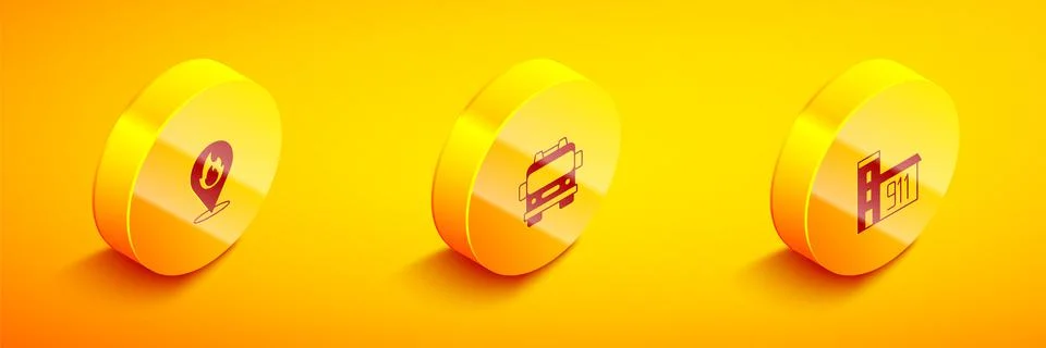 Set Isometric Location with fire flame, Fire truck and Building of station icon Stock Illustration