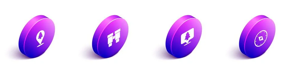 Set Isometric Location of the forest, Binoculars, and Compass icon. Vector Illustrazione stock