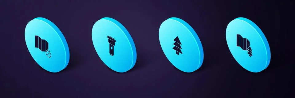 Set Isometric Location of the forest, Tree, Flashlight and map icon. Vector Stock Illustration