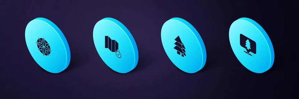 Set Isometric Location of the forest, Tree, map and Wind rose icon. Vector Stock Illustration