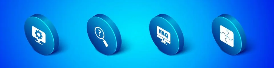 Set Isometric Location with gear, Computer monitor and FAQ, Piece of puzzle and Stock-Illustration