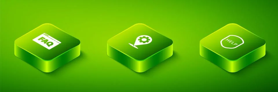 Set Isometric Location with gear, Shield text Help and Browser FAQ icon. Vector Stock Illustration