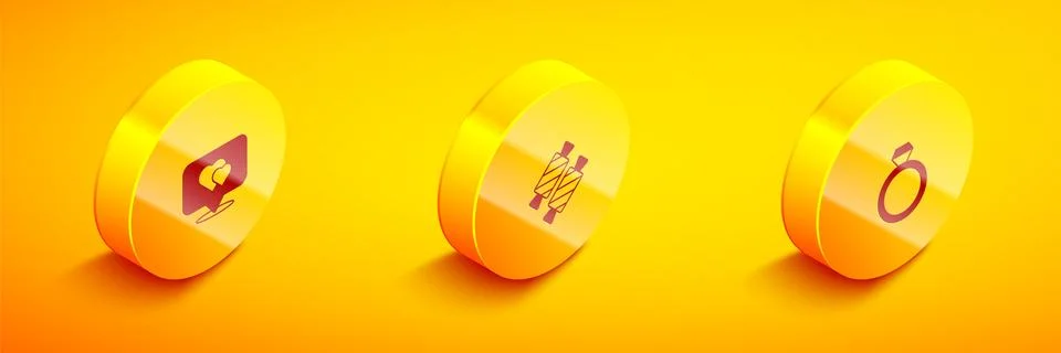 Set Isometric Location with heart, Candy and Wedding rings icon. Vector Illustrazione stock