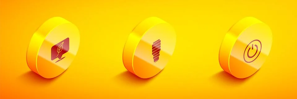 Set Isometric Location with leaf, LED light bulb and Power button icon. Vector Stock Illustration