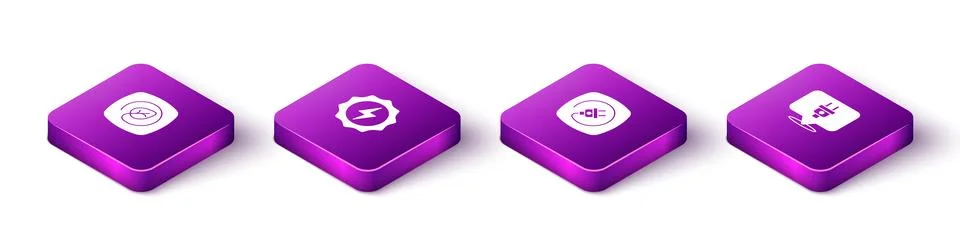 Set Isometric Location with leaf, Lightning bolt, Electric plug and icon. Vector Stock Illustration