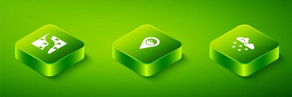 Set Isometric Location with mountain, Cloud snow and Route location icon. Vector 스톡 일러스트