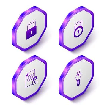 Set Isometric Lock, Document and lock and Key icon. Purple hexagon button. .. Illustrazione stock