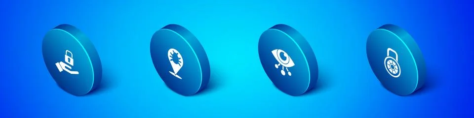 Set Isometric Lock in hand, Eye scan, Safe combination lock and System bug icon イラスト素材