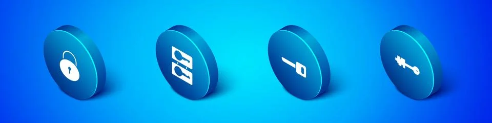 Set Isometric Lock, Key, Old key and Casting keys icon. Vector Stock Illustration