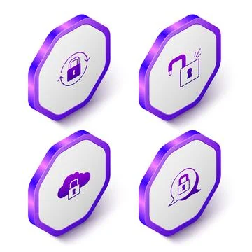 Set Isometric Lock, Open padlock, Cloud computing and icon. Purple hexagon Stock Illustration