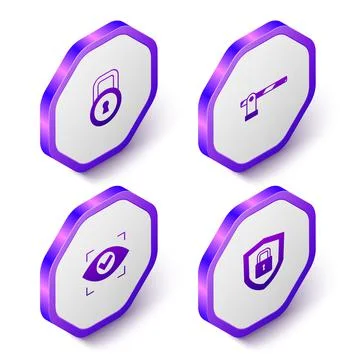 Set Isometric Lock, Parking car barrier, Eye scan and Shield security with lo Stock Illustration