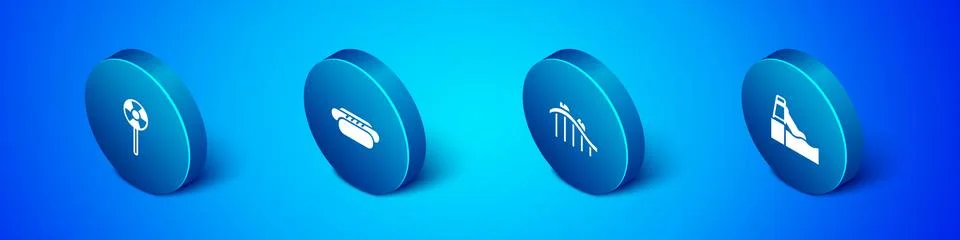 Set Isometric Lollipop, Roller coaster, Water slide and Hotdog icon. Vector 스톡 일러스트