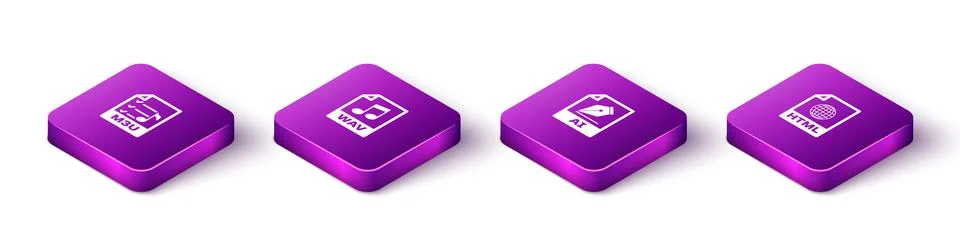 Set Isometric M3U file document, WAV, AI and HTML icon. Vector Illustrazione stock