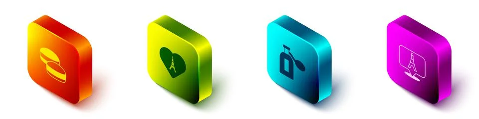 Set Isometric Macaron cookie, Eiffel tower with heart, Perfume and icon. Vector Stock Illustration