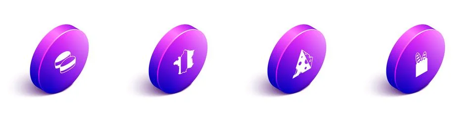 Set Isometric Macaron cookie, Map of France, Cheese and French baguette bread Stock Illustration