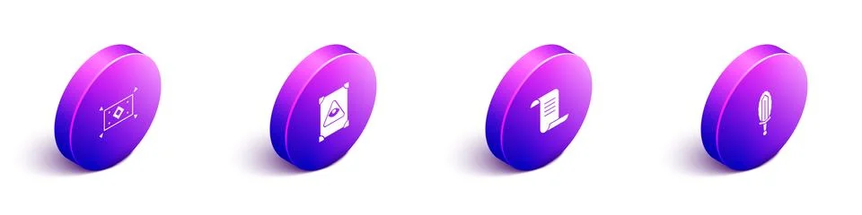 Set Isometric Magic carpet, Ancient magic book, and sword in fire icon. Vector Ilustração Stock