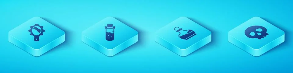 Set Isometric Magic hand mirror, Bottle with potion, Skull and  icon. Vector Illustrazione stock