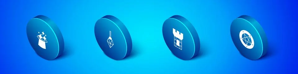 Set Isometric Magic hat, Castle tower, Pentagram in circle and stone icon. .. Stock Illustration