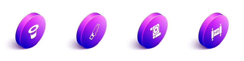 Set Isometric Magic hat, Hand saw, scroll and icon. Vector 스톡 일러스트