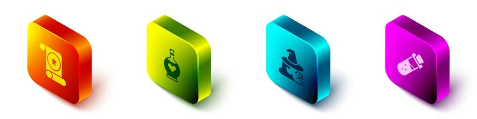 Set Isometric Magic scroll, Bottle with love potion, Witch and icon. Vector Stock Illustration