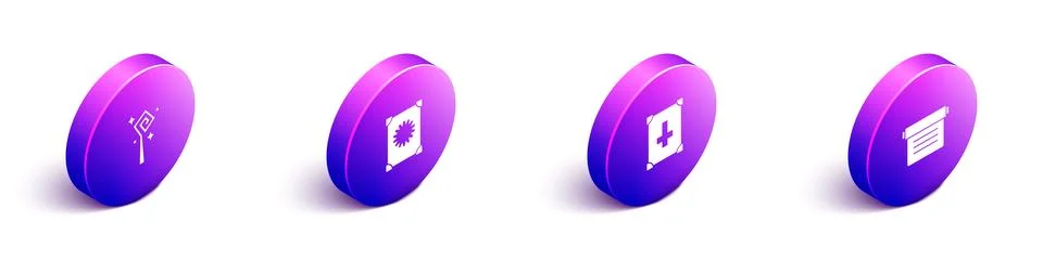 Set Isometric Magic staff, Ancient magic book, and icon. Vector Ilustração Stock
