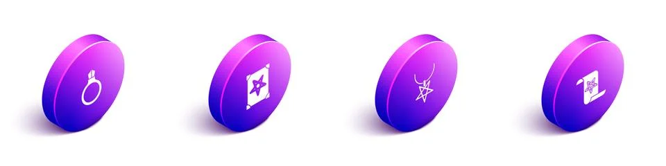 Set Isometric Magic stone ring with gem, Ancient magic book, Pentagram necklace Ilustração Stock