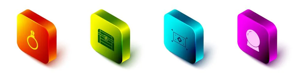 Set Isometric Magic stone ring with gem, Antique treasure chest, carpet and ball Stock Illustration