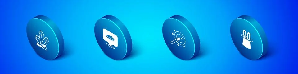 Set Isometric Magic stone, wand, Magician hat rabbit ears and  icon. Vector Stock Illustration