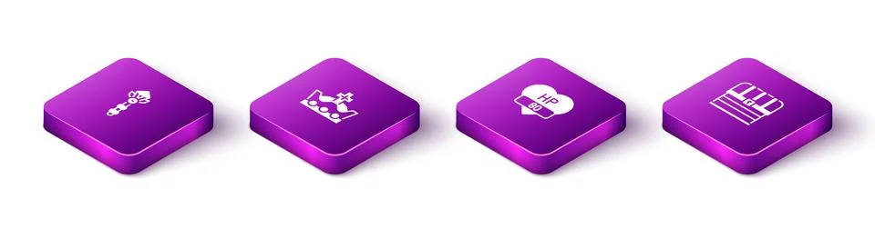 Set Isometric Magic wand, King crown, Video game bar and Chest icon. Vector Stock Illustration