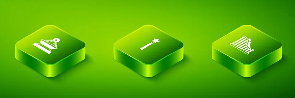 Set Isometric Magic wand, Roller coaster and Boat swing icon. Vector Illustrazione stock